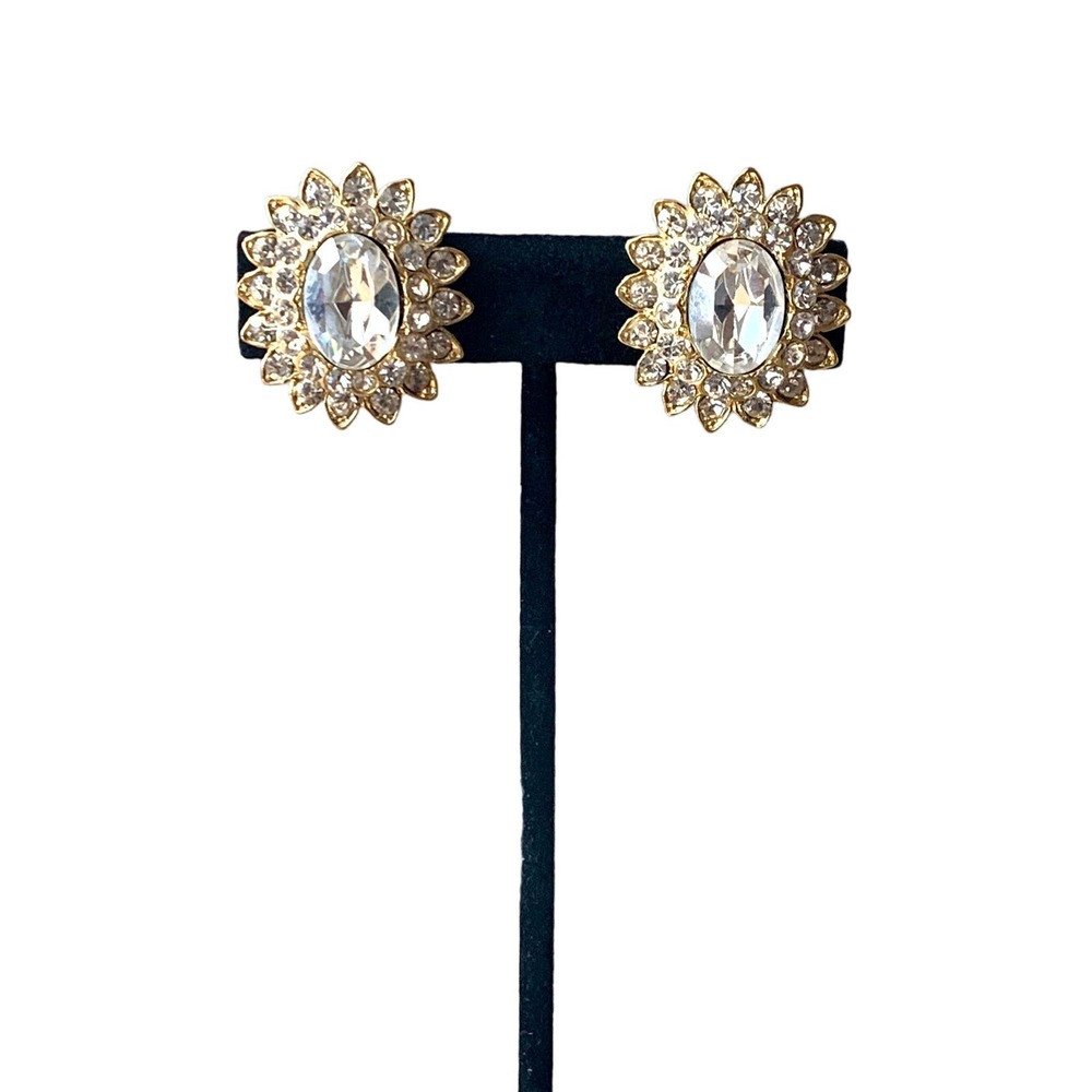 Vintage Gold Tone Crystal Starburst Clip On Statement Earrings EUC